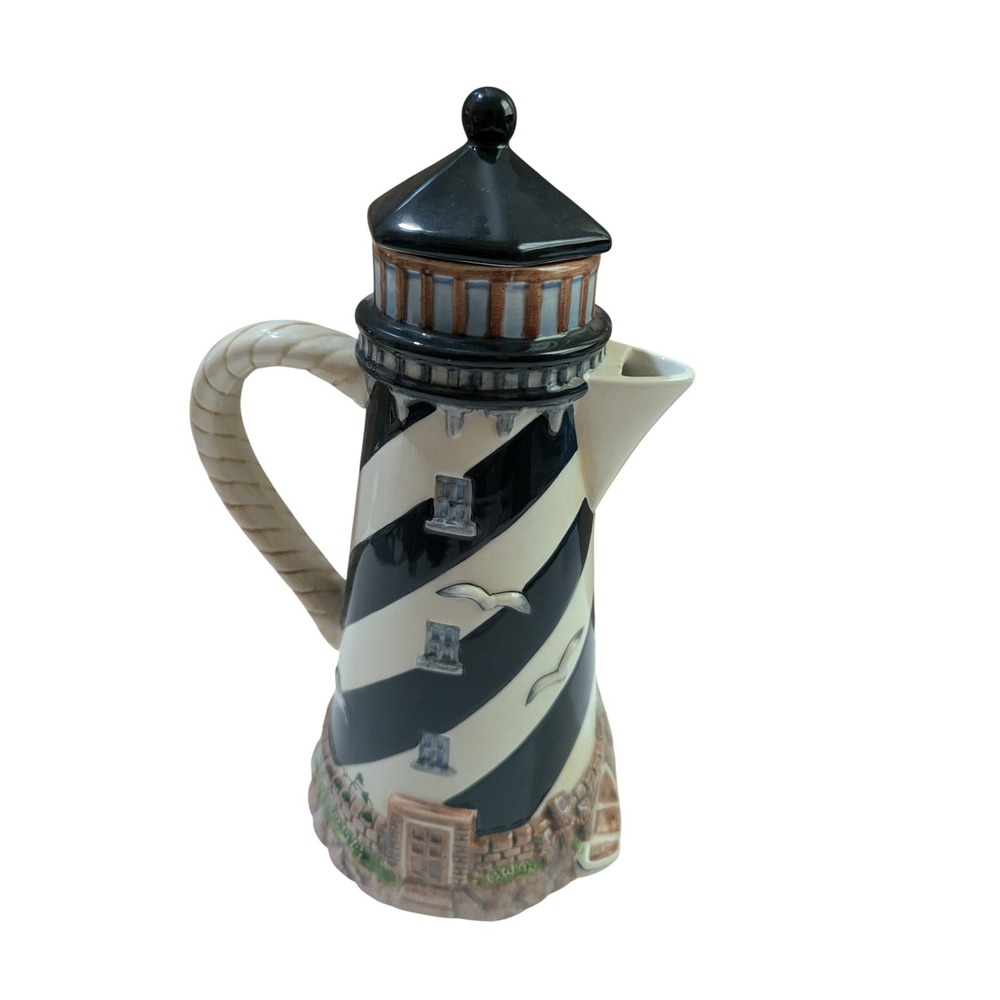Burton & Burton Lighthouse Ceramic Teapot Black White Nautical Coastal Decor